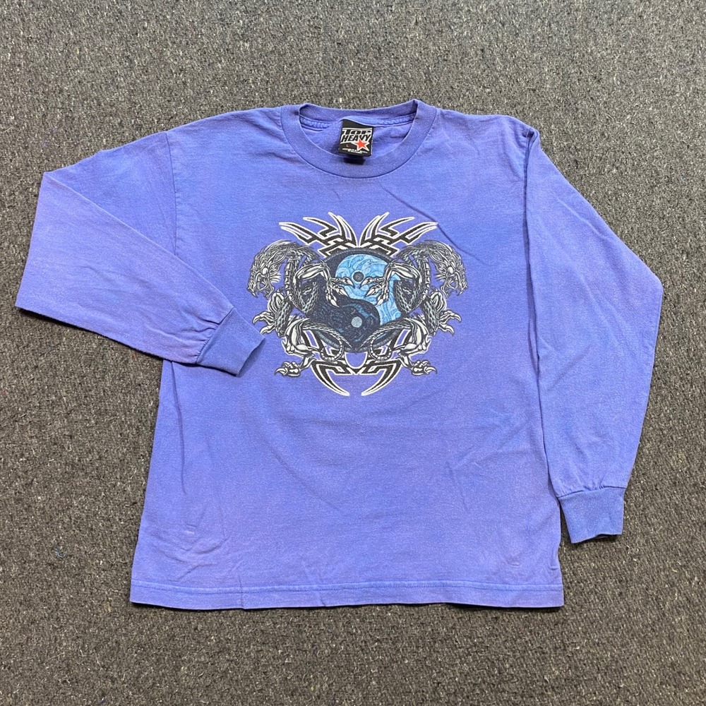 Top Heavy Dragon Yin Yang TShirt Sz L Mens Purple Y2K Tribal Long Sleeve Skater